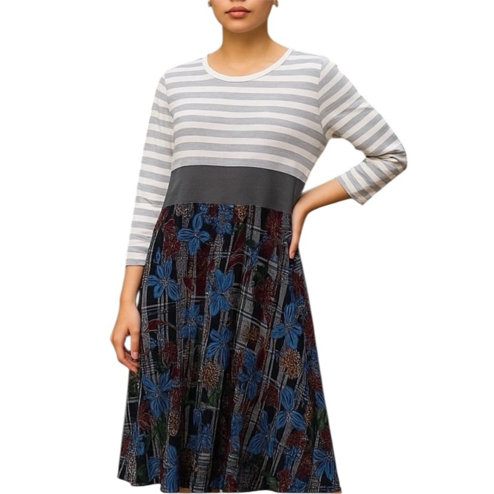 Egy multi Color Striped Casual Gray and White Long Sleeve Scoop Neck Dress Sz XL